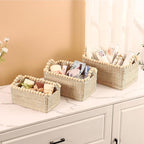 Set of 3 Seagrass Woven Storage Basket with Handles, Natural Wooden Bead Decoration for Blankets Toys Clothes Shoes Organizer, Cube Bins for Shelves Living Room Bedroom Nursery Home Decor