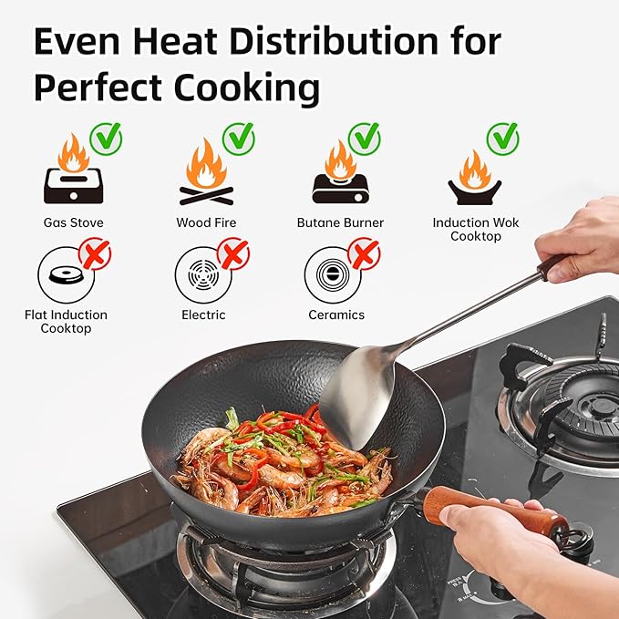 11" Round Bottom Carbon Steel Wok, Traditional Chinese Stir Fry Pan for Gas Stove & Wok Ring, Round-Bottom Induction Wok Burner Compatible, Uncoated Small Wok Pan