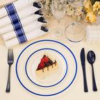 BESTSTAR 350PCS Clear and Blue Disposable Plates Set for 50 Guests, 100 Plastic Plates, 50 Cups, 50 Pre-Rolled Napkins with Plastic Cutlery for Graduation Party, Birthday, Thanksgiving, Christmas