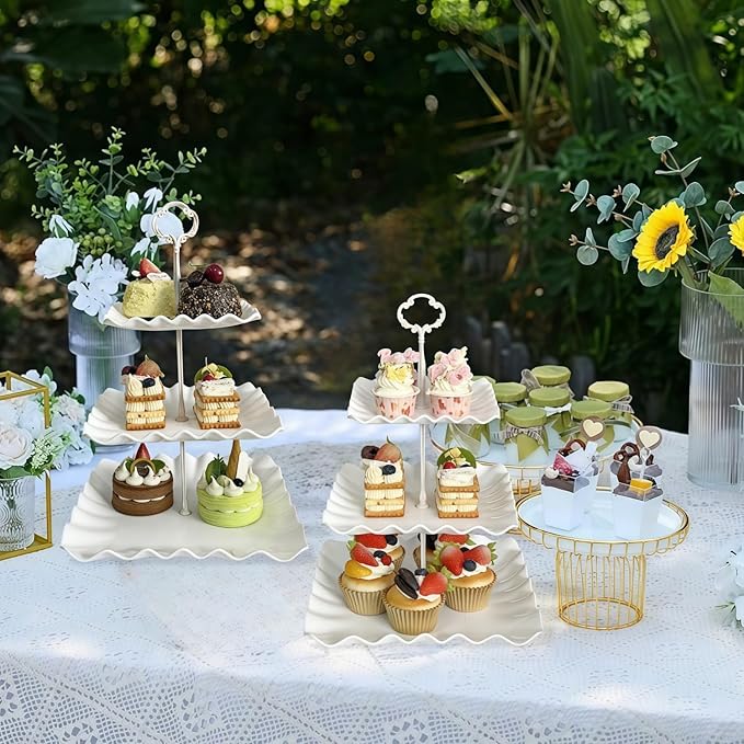 2 Pack of Plastic Square Dessert Cupcake Stand, 3 Tier Cup Cake Holder Tower for Tea Party/Birthday/Wedding, Plastic Tiered Serving Tray (White)