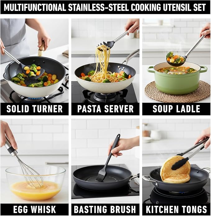 Silicone Kitchen Utensils Set 33 PCS Heat Resistant Food Grade Silicone Utensils Set for Cooking with Stainless Steel Handles BPA Free Kitchen Gadgets Tools Set with Holder for Nonstick Cookware Black