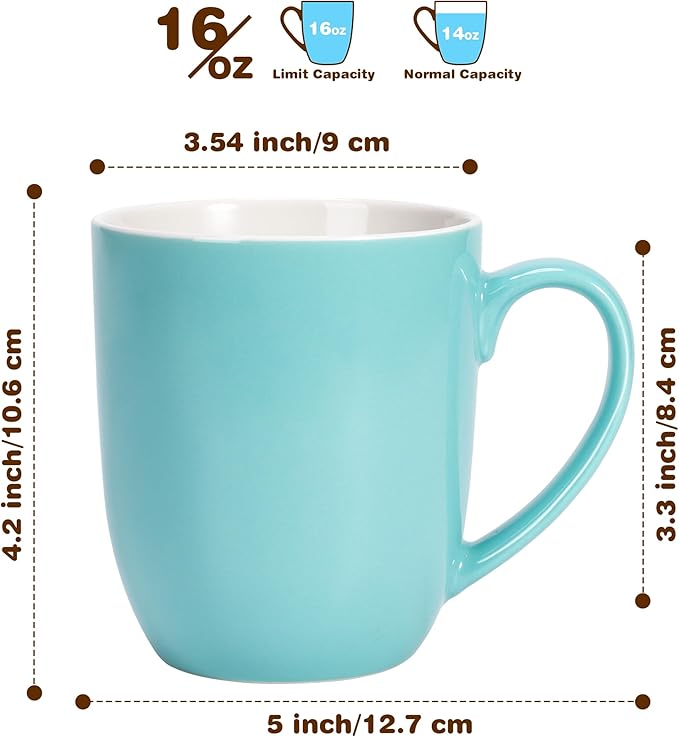 Urbanstrive 16 oz Large Coffee Mugs Set of 4 Ceramic Coffee Mug White Coffee Cups Tea Cups Idea Gift for Women Men House Warming Gifts New Home Office, Blue 4 Pack