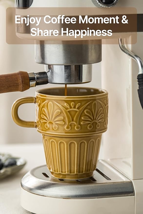 LYEOBOH Ceramic Mugs, 12 OZ Khaki Coffee Mugs Set of 4, Stackable Mug, Microwave & Dishwasher Safe, Stylish Texture Design for Coffee Tea Milk, Ideal for Home Kitchen Party & Festival Gifting