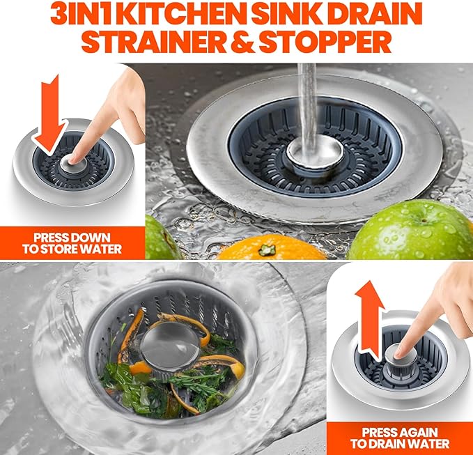Sink Drain Strainer - Sink Stopper, 3 in 1 Kitchen Stainless Steel Drain Plug with Anti-Clog Basket, Pop-Up Cover Fits Standard 3-1/2” Openings for Double Bowl Kitchen Sinks