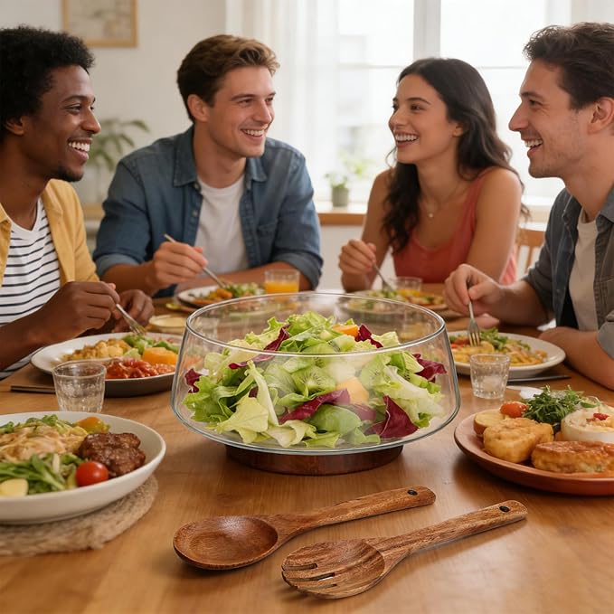 Extra Large 3.8QT Glass Salad Bowl Set, 3600ml Clear Serving Bowl with Acacia Wood Base & Wooden Utensils - Decorative Mixing Bowl for Kitchen, Party, Thanksgiving - Elegant Wooden Salad Bowl
