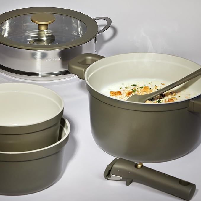 CAROTE Pots and Pans Set Nonstick, Ceramic Cookware Set with Detachable Handles, 5.5QT/3QT/2QT Non stick Stock Pot, Non-toxic Induction Cookware PFAS and PFOA Free, Olive Gree