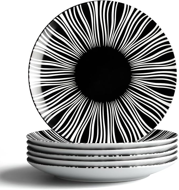 Black and White Striped Ceramic Plates Set of 6-6 Inch Zebra Pattern Dessert & Appetizer Plates, Minimalist Porcelain Dish Set, Microwave, Oven & Dishwasher Safe