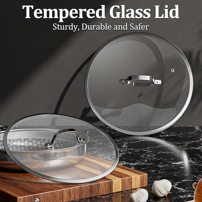 Hybrid Non Stick Frying Pans 2 Piece set, Stainless Steel Frying Pans with Tempered Glass Lid, 8" 10" 5 Ply Induction Cookware, Dishwasher-Friendly, Oven-Safe Up to 800°F, Compatible with All Cooktops