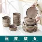 vancasso PLAYA Plates and Bowls Sets, 24 Pieces Dark Brown Dinnerware Sets for Kitchen, Reactive Glaze Dishes Set for 8, Dishwasher and Microwave Safe