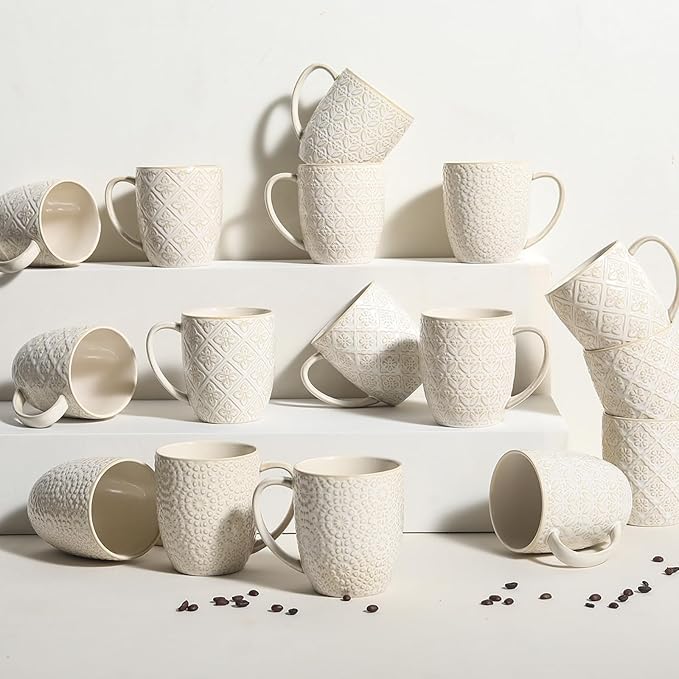 Coffee Mugs Set of 4, 16 Oz Ceramic Coffee Mugs, Large Porcelain Embossed Cups for Cocoa, Tea, Milk, Mocha, Cappuccino, Microwave & Dishwasher Safe, Comfort Handle, 3.5 x 4.5 inch