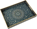 Plastic Serving Tray with Handles,Large Ottoman Tray for Living Room,Large Rectangle Trays for Ottoman Coffee Table,Decorative Blue Boho Serving Trays for Home Decor,16" x 12"