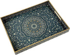 Plastic Serving Tray with Handles,Large Ottoman Tray for Living Room,Large Rectangle Trays for Ottoman Coffee Table,Decorative Blue Boho Serving Trays for Home Decor,16" x 12"