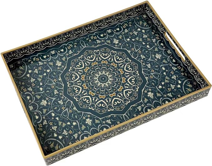 Plastic Serving Tray with Handles,Large Ottoman Tray for Living Room,Large Rectangle Trays for Ottoman Coffee Table,Decorative Blue Boho Serving Trays for Home Decor,16" x 12"
