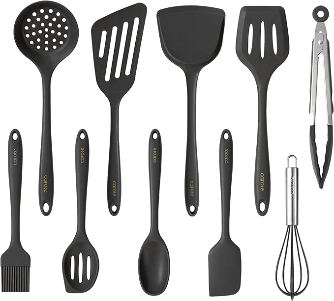 CAROTE Kitchen Utensil Set for Nonstick Cookware - 446°F Heat Resistant Silicone Cooking Utensils Set 10pcs, Dark Grey, Oderless Spatula, Turner