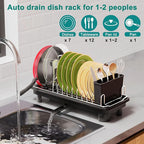 junyuan Compact Dish Drying Rack,Small Dish Rack for Kitchen Counter, Dish Drainer with 360° Rotatable Spout,Plate Rack, Dish Strainer with Cutlery Holder for Pots, Fork & Knives Space Saving