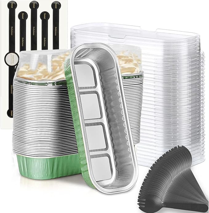 Mini Loaf Baking Pans with Lids and Spoons (50 Pack, 6.8oz) Rectangle Aluminum Foil Baking Pans Tins Containers - Cupcake Containers Wrappers Cheesecake Creme Brulee Ramekins