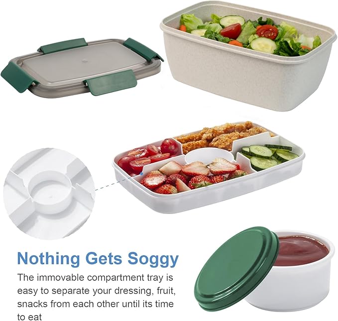 Freshmage Large Salad Container for Lunch, 2 Packs 68oz Salad Bowls with 5 Compartments, Salad Dressings Container for Salad Toppings, Snacks, Men, Women (Wheat straw white)