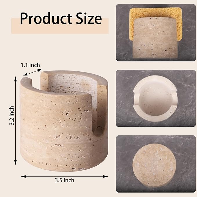 Travertine Natural Marble Sponge Holder, Sponge Caddy for Sink Organizer, Kitchen, Bathroom, Fast Absorbing, Durable, Elegant and Stylish