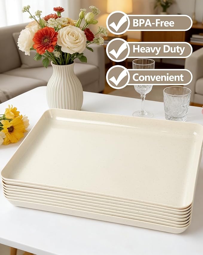 YOUBET 8 PCS Plastic Serving Trays - Ivory Wheat Straw Trays for Serving Food - Super Strong Disposable Platters, Heavy Duty Plastic Trays for BBQ, Picnic, Party, Wedding