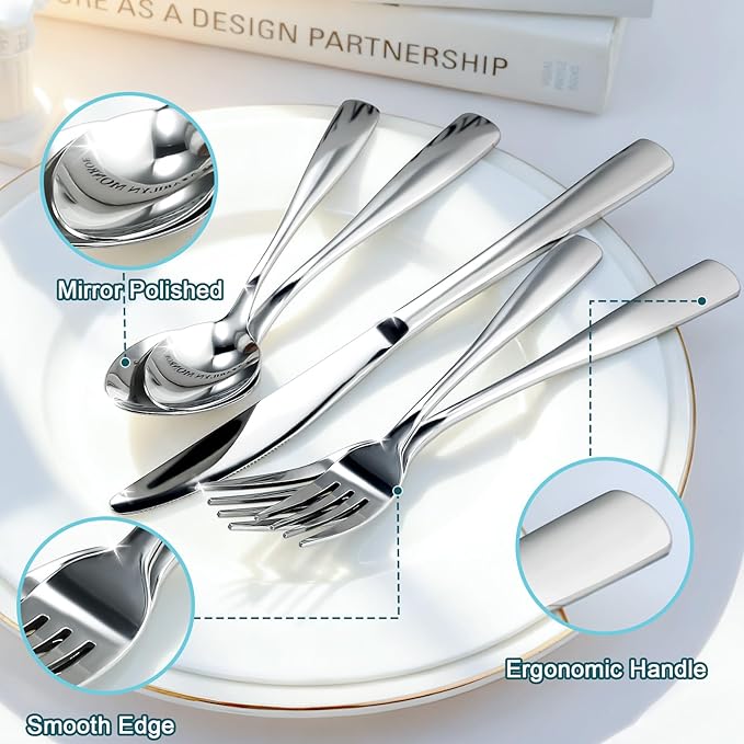 Bestdin 60 PCS Silverware Sets - Mirror Polished Flatware Set for 12, Including Knives, Spoons and Forks, Cutlery Set, Dishwasher Safe & Stainless Steel Silverware for Wedding Gift, Home & Party Use