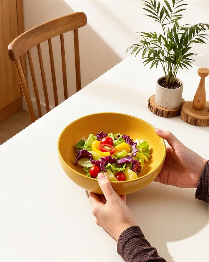 Metflavor Pasta Bowls Set of 8, 34oz Speckled Ceramic Bowls Set for Serving Salad, Pasta, Soup, Dinner, 8" Wide and Deep Bowls, Dishwasher & Microwave Safe, Matte Terracotta Base (Ginger Yellow)
