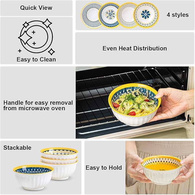 Yeacccng Bohemian Cereal Bowls Set of 4, 27 Oz Ribbed Exterior Ceramic Bowls, 6.14 Inch Lead-Free Scratch-Resistant for Soup/Cereal/Oatmeal/Pasta/Fruit, Dishwasher & Microwave Safe