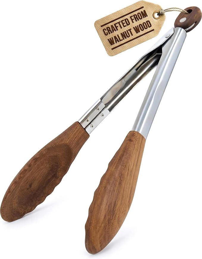 Boxiki Kitchen Wooden Tongs for Cooking - Nonstick Kitchen Salad Tongs for Serving Food, Grilling, Cooking, BBQ and Tossing Salad - Made of Natural Walnut Wood, Size 12-inch
