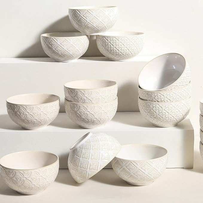 26 Oz Cereal Bowls Set of 4 - Ceramic Soup Bowl for Kitchen, Porcelain Embossed Serving Bowls for Salad, Pho, Breakfast, Ramen, Rice, 6 inch, Dishwasher Microwave Safe, Housewarming Decor