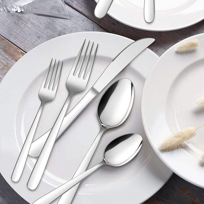 HaWare Heavy Duty Silverware Set, 60-Piece Stainless Steel Flatware Cutlery for 12, Modern & Elegant Design Includes Knives/Forks/Spoons, Mirror Polished and Dishwasher Safe
