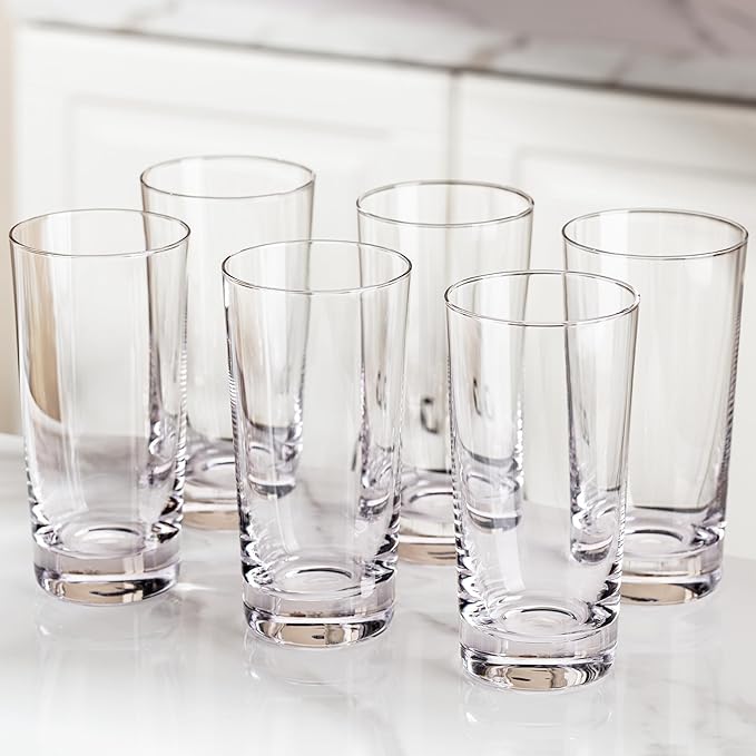 Drinking Glasses Set of 6, 13.5oz Highball Glass Cups with Heavy Base, Water Glasses for Kitchen and Dining, Lead-free Glassware Tumblers for Juice, Iced Coffee, Cocktails, Dishwasher Safe