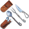 Customize Viking 3-Piece Medieval Cutlery Set, Hand Forged Feasting Set, Twisted Pattern Eating Utensils, Carbon Steel Flatware With Leather Pouch