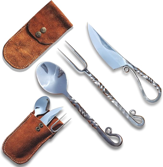 Customize Viking 3-Piece Medieval Cutlery Set, Hand Forged Feasting Set, Twisted Pattern Eating Utensils, Carbon Steel Flatware With Leather Pouch
