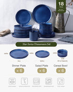 Famiware Star 18-Piece Reactive Glaze Plates and Bowls Sets, Service for 6 - Stoneware Dinnerware with Trim, Modern Rustic Dishes, Chip & Scratch Resistant, Microwave & Dishwasher Safe, Nebulas Blue