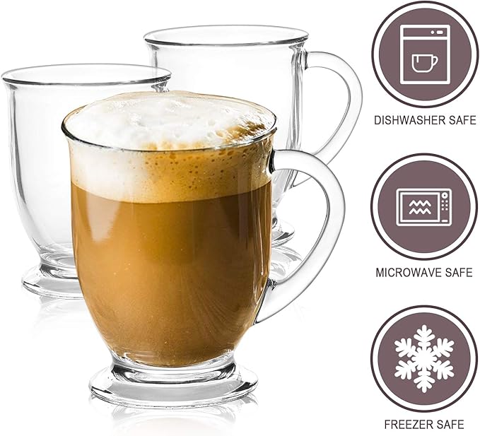 15oz/450ml Glass Coffee Mugs Clear Coffee Cups with Handles perfect for Latte, Cappuccino, Espresso Coffee, Tea and Hot Beverages, Set of 6