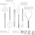 Tovolo Silicone Cooking Utensil Set of 6 Stainless Steel Handle Ladle Slotted Turner Tongs Flex Core Spatula Scraper Mixing Spoon & Potato Masher, Dishwasher Safe BPA Free Utensils, White