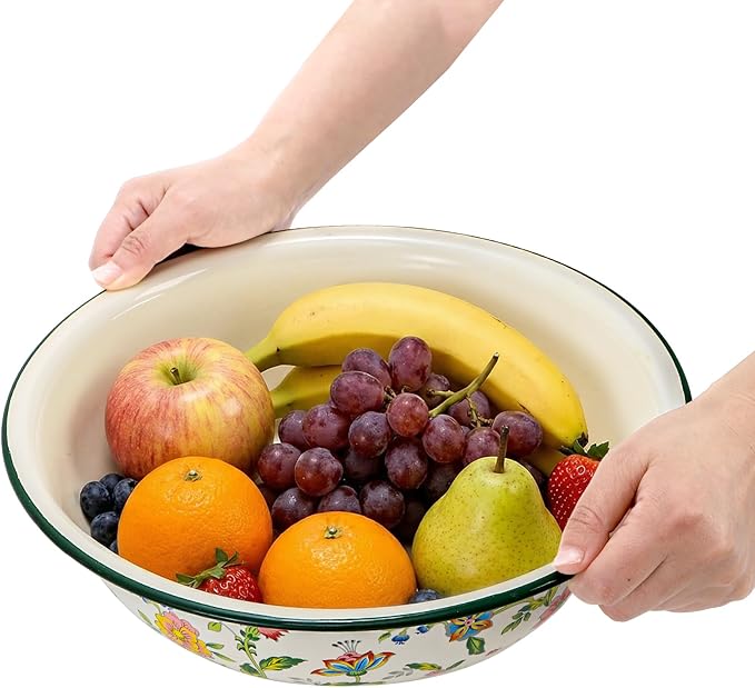 Lawei 2 Pack Vintage Enamel Mixing Bowls, 11.8 Inch Primitive Enamelware Basin for Fruit, Salad, Pasta, Dough Making, 3.6 Quart Enamel Washing Bowl Serving Tray for Camping, Kitchen, Farmhouse Decor
