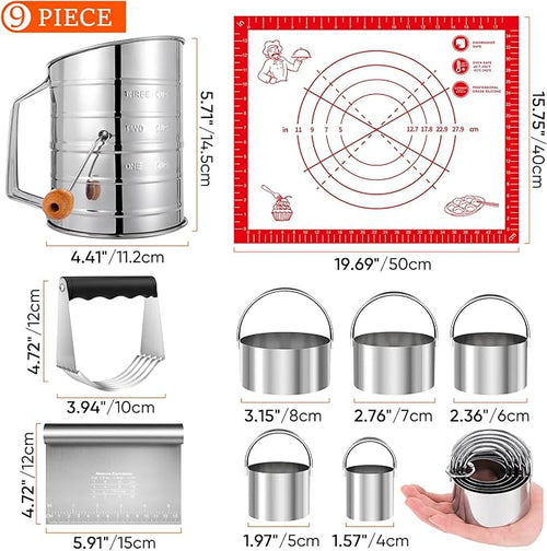 9PCS Stainless Steel Pastry Blender Set, 3 Cup Flour Sifter, Biscuit Cutter, Pastry Cutter, Dough Cutter, Silicone Baking Mats, for Cooking Cookies and Donuts, Cakes, Biscuits or Making Pancakes