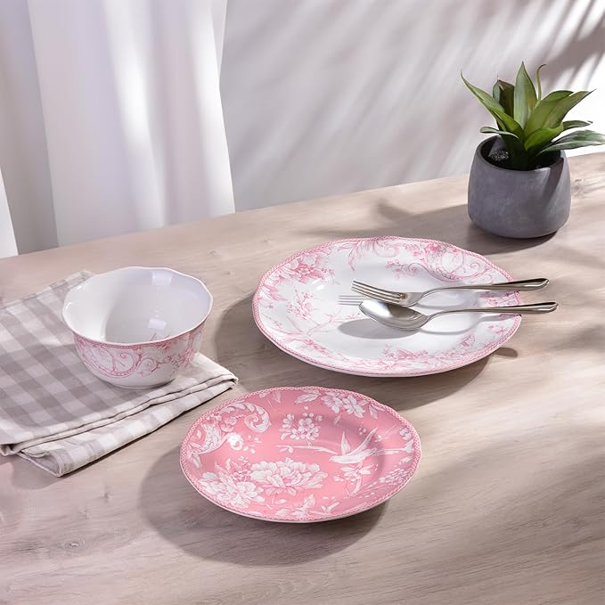 222 Fifth Adelaide Blush 12-Piece Pink Porcelain Dinnerware Set – Service for 4, Big Dinner Plates and Bowls Sets, White with Pink Floral Pattern, for Daily Entertainment, Microwave & Dishwasher Safe