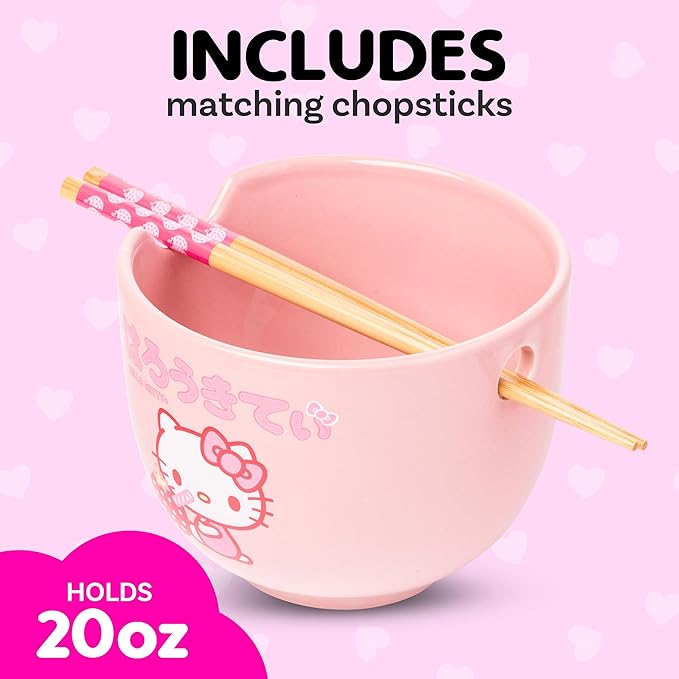 Silver Buffalo Sanrio Hello Kitty Strawberry Milk Japanese Character Ceramic Ramen Noodle Rice Bowl with Chopsticks, Microwave Safe, Pink, 20 Ounces