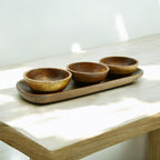 Acacia Wooden Calabash Bowls with Baguette Tray, 4-Piece Set: Three 4.25" Dip Bowls and 13.5" Bread Tray, Rustic Handcrafted Appetizer & Condiment Set