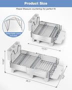 Dish Drying Rack, 304 Stainless Steel Expandable Dish Rack with Adjustable Drain Spout, Large Capacity Dish Drainer with Utensil Holder, Cup Holder and Cutting Board Rack for Kitchen Counter, White