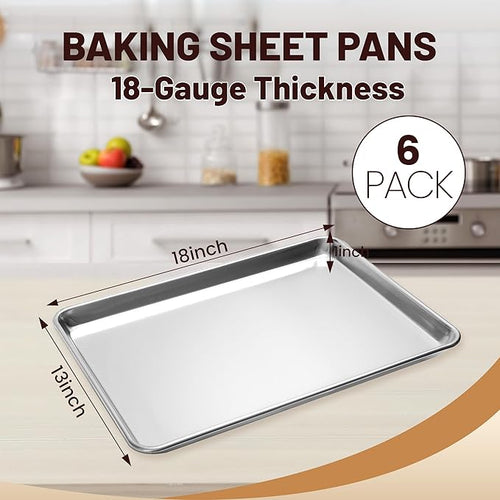 6 Pack Half Size Baking Sheet Pan Aluminum Commercial Pan for Oven Freezer Bakery Hotel Restaurant 18" × 13"