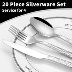 20-Piece Silverware Set, Hammered Stainless Steel Flatware Set for 4, Kitchen Utensil Cutlery Set Include Forks and Spoons Knives Flatware Set, Mirror Finish & Durable, Dishwasher Safe