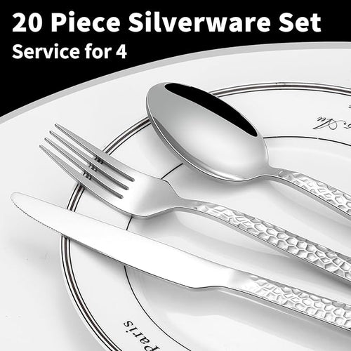 20-Piece Silverware Set, Hammered Stainless Steel Flatware Set for 4, Kitchen Utensil Cutlery Set Include Forks and Spoons Knives Flatware Set, Mirror Finish & Durable, Dishwasher Safe
