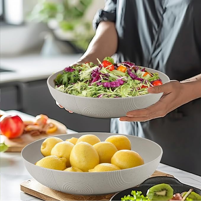 Wrova 2 Pack Salad Bowls,10inch 65oz Large Salad Bowl Set,Plastic Bowl for Kitchen,wheat straw bowls Set for Soup,Cereal,Ramen,Fruit,Salad,Dishwasher & Microwave Safe,Easy Clean.Gray