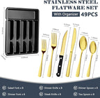 BEWOS 49-Piece Gold Silverware Set with Organizer - Stainless Steel Silverware Set for 8 with Drawer Organizer, Mirror Polished Flatware Set for Home and Restaurant, Dishwasher Safe