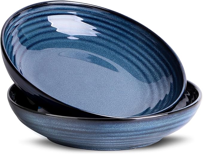 HASENSE Pasta Bowls Set of 2, 8.7 Inch Ceramic Salad Serving Bowls for Kitchen, 32 Ounce Shallow Bowls for Pasta Soup Salad Dinner, Microwave Dishwasher Safe, Navy Blue