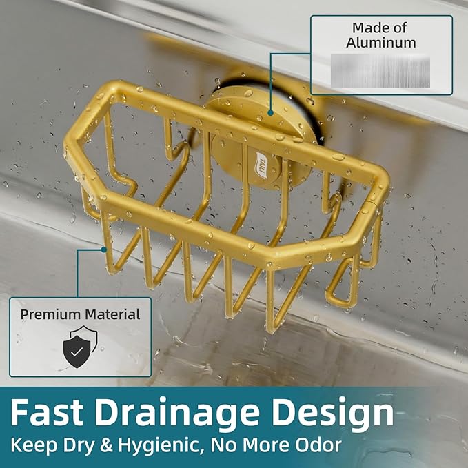 TAILI Sink Caddy with Strong Suction Cup, Sponge Holder for Kitchen Sink Organizer, Removable Sponge Caddy Inside Sink, Rustproof Aluminum Holder for Sponges, Brushes - Gold