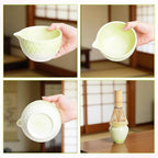 Matcha Whisk Set 8Pcs, Ceramic Japanese Tea Handmade Bowl Kit, Ombre Dimpled, Ceremony Starter Making Gifts, Complete Fellow Matcha Tools Accessories with Spout Spoon Chasen Holder Sifter Tea Cloth