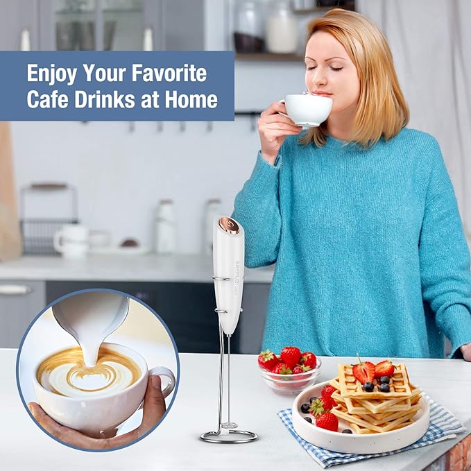 SIMPLETASTE Milk Frother Handheld Electric Foam Maker, Drink Mixer with Stainless Steel Whisk for Cappuccino, Bulletproof Coffee, Latte, White, with Stand, Battery Operated